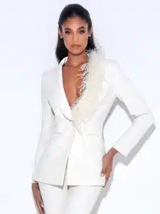 Yulia Cream White Suit Blazer with Feather Trim