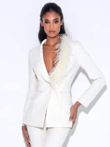 Yulia Cream White Suit Blazer with Feather Trim - Miss Circle