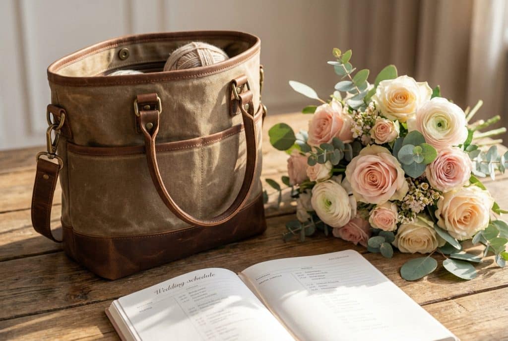 open-bag,-bouquet,-and-a-wedding-schedule-on-wooden-table