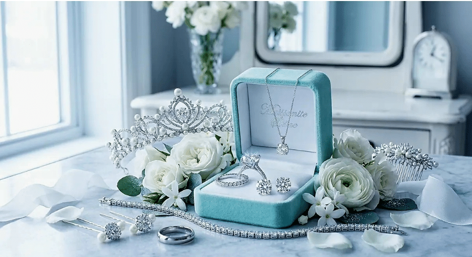 An exquisite wedding collection of high-clarity D-VVS1 moissanite jewelry displayed in a signature velvet box, showcasing a brilliant cut engagement ring, a flawless tennis bracelet, and a regal bridal tiara for the ultimate coordinated wedding ensemble.