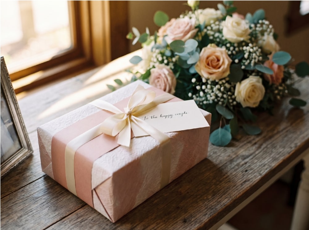 A thoughtfully wrapped wedding gift alongside a card - cash and registry gifts remain the most common choices for guests in 2026