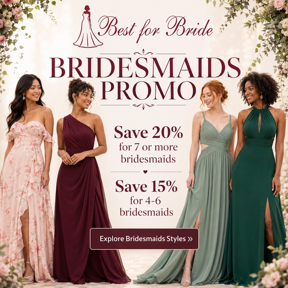 Best for Bride bridesmaid dress group offer: save 20% for 7 or more bridesmaids or 15% for 4 to 6 bridesmaids