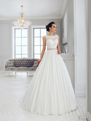 Wedding Dress - Sans Pareil Bridal Collection 2016: 1001 - A-line bridal gown with illusion lace neckline and colored scintillating sash waisband | SansPareil Bridal Gown