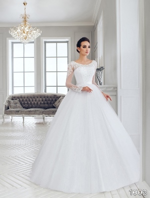 Wedding Dress - Sans Pareil Bridal Collection 2016: 1003 - Ethereal tulle ball gown with embellished lace appliques and full sleeves | SansPareil Bridal Gown