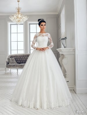 Wedding Dress - Sans Pareil Bridal Collection 2016: 1005 - Ball gown with full-length lace sleeves and scalloped hemline | SansPareil Bridal Gown