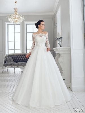 Wedding Dress - Sans Pareil Bridal Collection 2016: 1006 - Off-the-shoulder lace sleeved ball gown with waistband detail  | SansPareil Bridal Gown