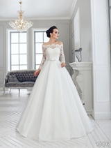 Bridal Dress: Sans Pareil Bridal Collection 2016: 1006 - Off-the-shoulder lace sleeved ball gown with waistband detail  