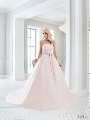 Wedding Dress - Sans Pareil Bridal Collection 2016: 1011 - Strapless pastel pink ball gown with embroidered bodice and bow sash | SansPareil Bridal Gown