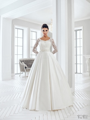 Wedding Dress - Sans Pareil Bridal Collection 2016: 1012 - Lace illusion full sleeves meet pleated satin ball gown skirt | SansPareil Bridal Gown