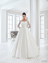 Bridal Dress: Sans Pareil Bridal Collection 2016: 1012 - Lace illusion full sleeves meet pleated satin ball gown skirt 
