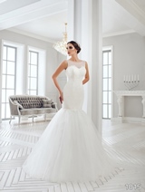 Bridal Dress: Sans Pareil Bridal Collection 2016: 1015 - Sleeveless Fit and flare gown with lace appliques on bodice, illusion neckline and misty tulle skirt 