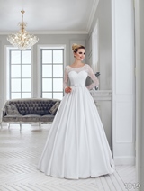 Bridal Dress: Sans Pareil Bridal Collection 2016: 1019 - Satin A-line wedding gown with crystal trimmed illusion neckline and sleeves 