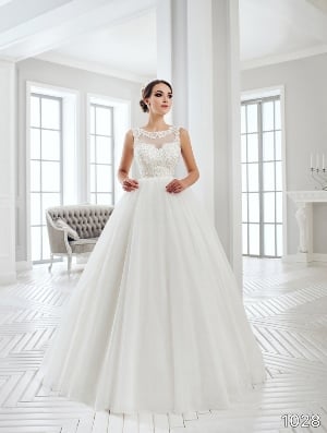 Wedding Dress - Sans Pareil Bridal Collection 2016: 1028 - Sleeveless embellished illusion dress with Crystal trim neckline and pleated ball gown skirt | SansPareil Bridal Gown