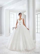 Bridal Dress: Sans Pareil Bridal Collection 2016: 1029 - Lace appliques with crystal and diamante beading waistband on voluminous ball gown 