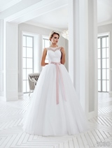 Bridal Dress: Sans Pareil Bridal Collection 2016: 1030 - Sleeveless illusion lace meets soft tulle ball gown with colored satin ribbon waistband  