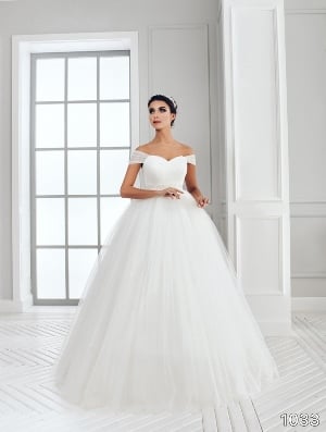 Wedding Dress - Sans Pareil Bridal Collection 2016: 1033 - Crisscross ruched bodice with off-the-shoulder straps and crystal chevron waistband | SansPareil Bridal Gown