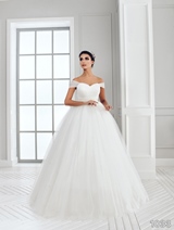 Bridal Dress: Sans Pareil Bridal Collection 2016: 1033 - Crisscross ruched bodice with off-the-shoulder straps and crystal chevron waistband 