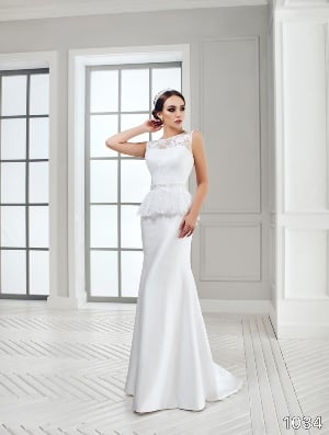 Wedding Dress - Sans Pareil Bridal Collection 2016: 1034 - Fitted satin wedding gown with sleeveless lace peplum top and embellished waistband | SansPareil Bridal Gown