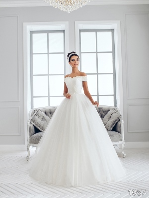 Wedding Dress - Sans Pareil Bridal Collection 2016: 1037 - Off-the-shoulder ruched detail ball gown with embellished cap-sleeve | SansPareil Bridal Gown