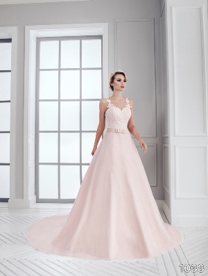 Wedding Dress - Sans Pareil Bridal Collection 2016: 1038 - Rose Quartz lace and net A-line wedding dress with satin waistband and floral details | SansPareil Bridal Gown