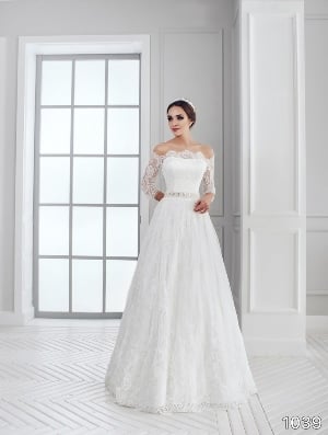 Wedding Dress - Sans Pareil Bridal Collection 2016: 1039 - All-over lace gown with illusion off-the-shoulder neckline and three-fourth sleeves | SansPareil Bridal Gown