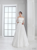 Bridal Dress: Sans Pareil Bridal Collection 2016: 1039 - All-over lace gown with illusion off-the-shoulder neckline and three-fourth sleeves 