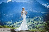 Bridal Dress: Sans Pareil Bridal Collection 2017: 1041 - Fit and flare sleeveless wedding dress with sheer bodice and lace appliques framing bust 