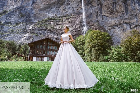 Wedding Dress - Sans Pareil Bridal Collection 2017: 1051 - Dazzling satin gown with lace embellished off-the-shoulder straps and waistline | SansPareil Bridal Gown