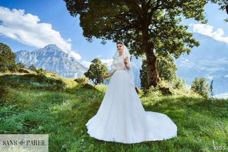 Wedding Dress - Sans Pareil Bridal Collection 2017: 1053 - Floral lace yoke over gathered chiffon A-line wedding dress | SansPareil Bridal Gown