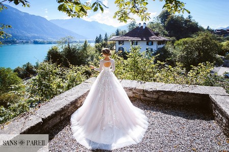 Wedding Dress - Sans Pareil Bridal Collection 2017: 1058 - 3D floral appliques embellish yoke of full-sleeve chiffon gown | SansPareil Bridal Gown