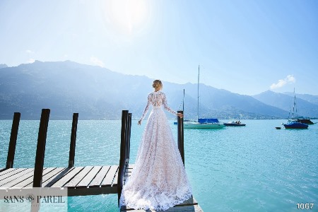 Wedding Dress - Sans Pareil Bridal Collection 2017: 1067 - Full sleeve all-over Alencon lace gown with pearl-studded waistband | SansPareil Bridal Gown