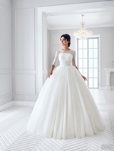 Bridal Dress: Sans Pareil Bridal Collection 2016: 880 - Illusion sheer three-fourth sleeved yoke under strapless lace bodice and ball gown skirt 