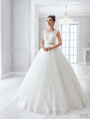 Wedding Dress - Sans Pareil Bridal Collection 2016: 881 - Scalloped lace V-neckline yoke with crystal embellished waistband and gathered ball gown skirt | SansPareil Bridal Gown