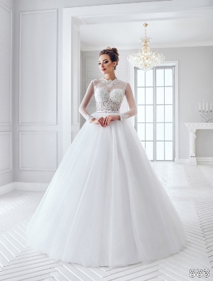 Wedding Dress - Sans Pareil Bridal Collection 2016: 883 - Full-sleeve Sheer stretch shimmer bodice with illusion back and ball gown skirt | SansPareil Bridal Gown