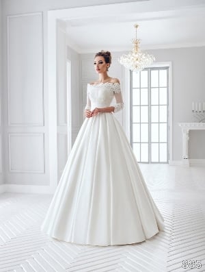 Wedding Dress - Sans Pareil Bridal Collection 2016: 885 - Vivid lace trimmed off-the-shoulder wedding gown with three-fourth length sleeves and pleated A-line satin skirt | SansPareil Bridal Gown