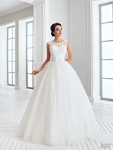 Bridal Dress: Sans Pareil Bridal Collection 2016: 887 - Swirling lace motifs on sleeveless bodice with satin waistband and ball gown skirt 