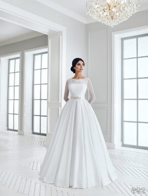 Wedding Dress - Sans Pareil Bridal Collection 2016: 892 - Full sleeve stretched sheer with silver beading embroidery on pleated A-line satin wedding dress | SansPareil Bridal Gown