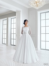 Bridal Dress: Sans Pareil Bridal Collection 2016: 892 - Full sleeve stretched sheer with silver beading embroidery on pleated A-line satin wedding dress 