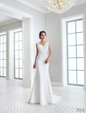 Wedding Dress - Sans Pareil Bridal Collection 2016: 894 - Sheath silhouette with lace trimmed V-neckline and matching waistline detail | SansPareil Bridal Gown