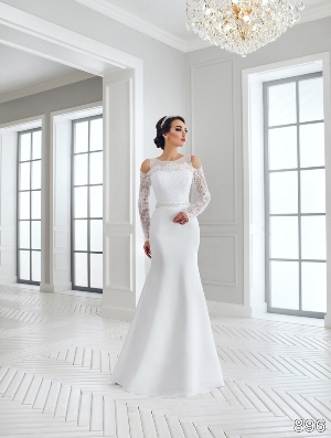 Wedding Dress - Sans Pareil Bridal Collection 2016: 896 - Long sleeve lace and satin fit and flare gown with waistband detail and cut-out shoulders | SansPareil Bridal Gown
