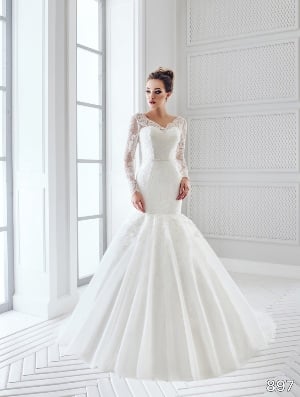 Wedding Dress - Sans Pareil Bridal Collection 2016: 897 - Lace trumpet gown with illusion neckline and full length sleeves  | SansPareil Bridal Gown