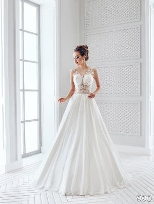 Wedding Dress - Sans Pareil Bridal Collection 2016: 900 - Barely-there lace illusion bodice with covered bust and pleated satin skirt | SansPareil Bridal Gown