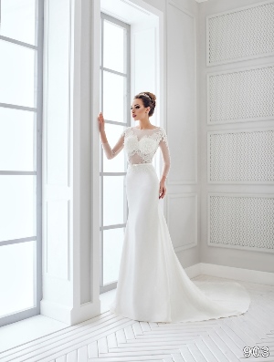 Wedding Dress - Sans Pareil Bridal Collection 2016: 903 - Crystal and lace sheer full-sleeve  yoke meets fit and flare skirt with thin satin waistband | SansPareil Bridal Gown