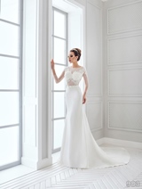 Bridal Dress: Sans Pareil Bridal Collection 2016: 903 - Crystal and lace sheer full-sleeve  yoke meets fit and flare skirt with thin satin waistband 