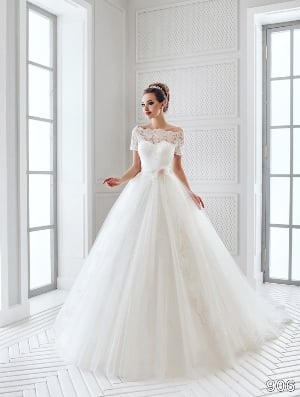 Wedding Dress - Sans Pareil Bridal Collection 2016: 906 - Amazing tulle ball gown with illusion lace off-the-shoulder half-sleeves and flower encrusted waistband | SansPareil Bridal Gown