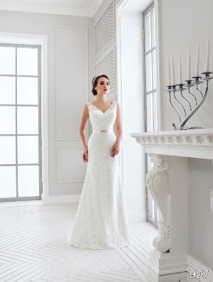 Wedding Dress - Sans Pareil Bridal Collection 2016: 907 - Modern all-over lace sleeveless sheath with crystal embellished waistband | SansPareil Bridal Gown