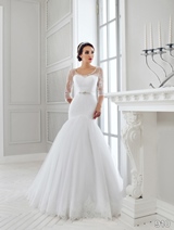 Bridal Dress: Sans Pareil Bridal Collection 2016: 910 - Crystal trimmed illusion yoke with three-fourth sleeves and fit and flare lace gown 