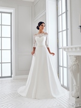 Bridal Dress: Sans Pareil Bridal Collection 2016: 914 - Delicate wispy floral lace on beaded illusion yoke over satin A-line wedding dress 