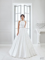 Bridal Dress: Sans Pareil Bridal Collection 2016: 917 - Matching crystal embellishments on halter neckline and waistline of satin A-line wedding dress 