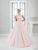 Bridal Dress: Sans Pareil Bridal Collection 2016: 918 - Crystal and lace embellished scoop neckline on rose wedding dress, with pleated skirt and ruched bodice  